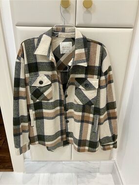 Altar'd State Plaid Shacket in Cream, Olive & Tan